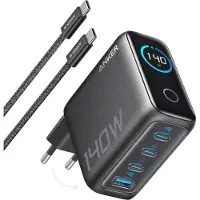 Anker Oplader 140W 4-port med USB-C-kabel - Mørkegrå